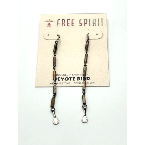 NWT Peyote Bird Tubular Hook Earrings Genuine Stone Sterling Silver 3" Long - Picture 1 of 6